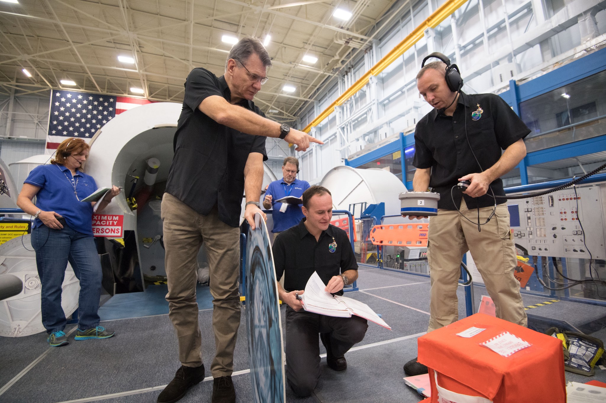 Roscosmos cosmonaut Sergey Ryazanskiy, ESA (European Space Agency) astronaut Paolo Nespoli, and NASA astronaut Randy Bresnick