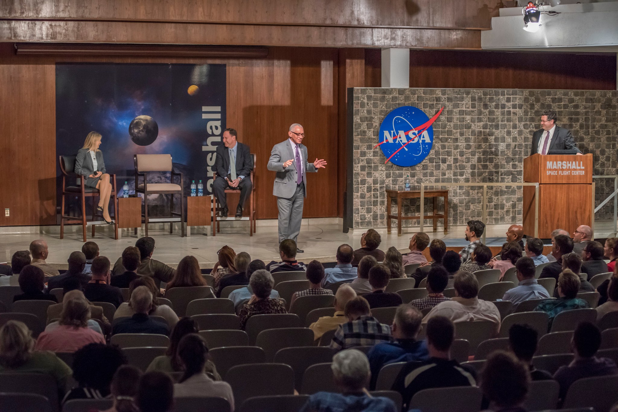 NASA Administrator Charles Bolden talks with Marshall Space Flight Center team members Oct. 27, 2016.
