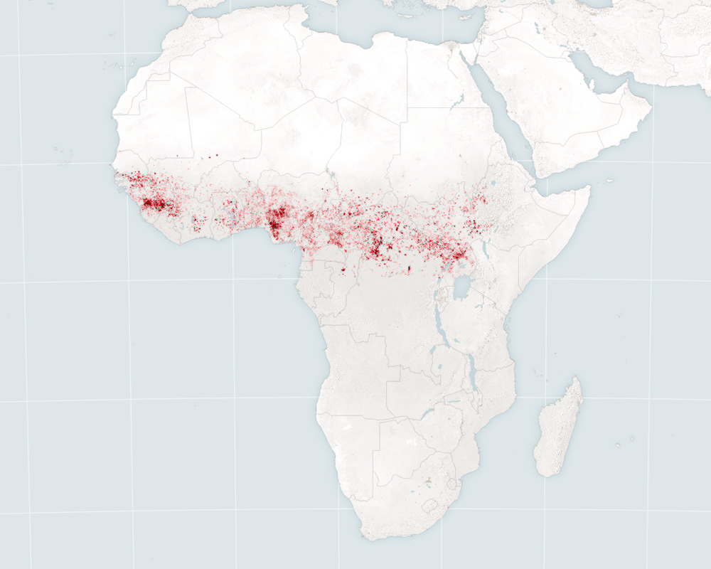 map of Africa with fire data overlayed under the Sahara