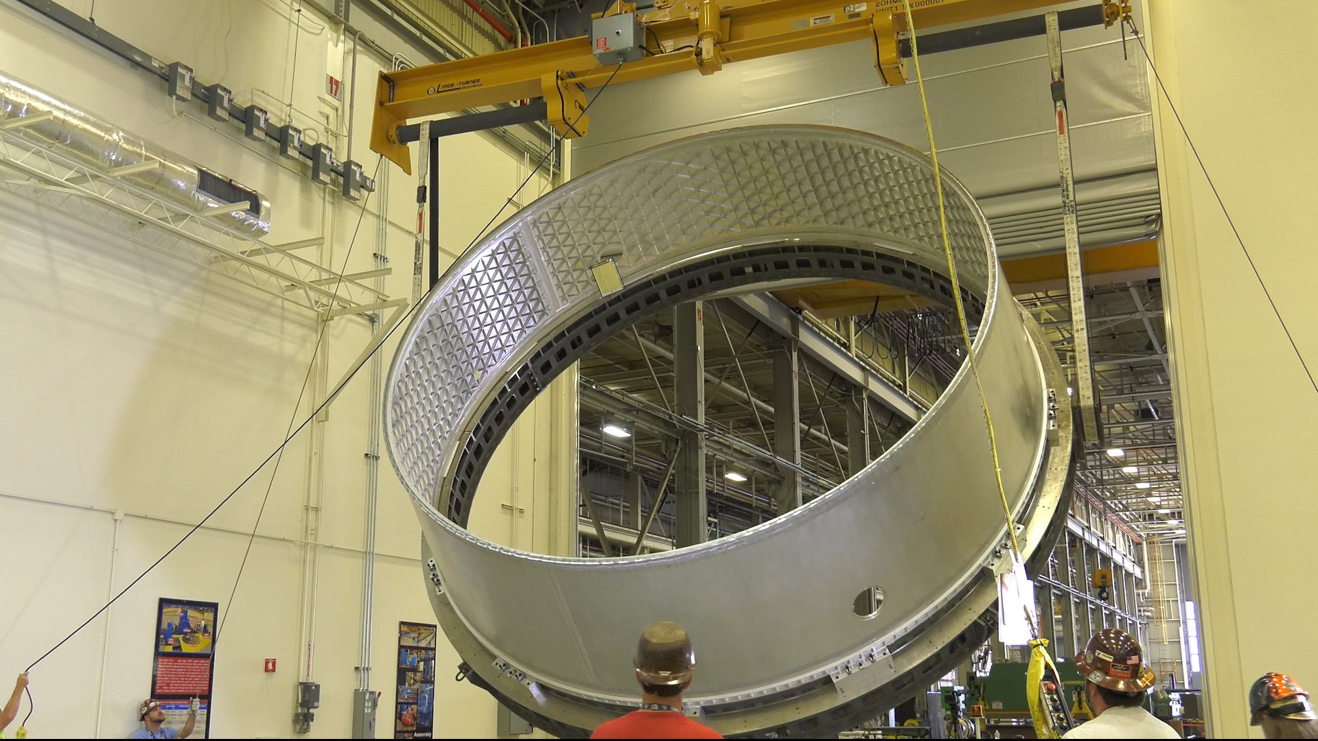 Engineers at NASA's Marshall Space Flight Center recently flipped the flight Orion stage adapter.