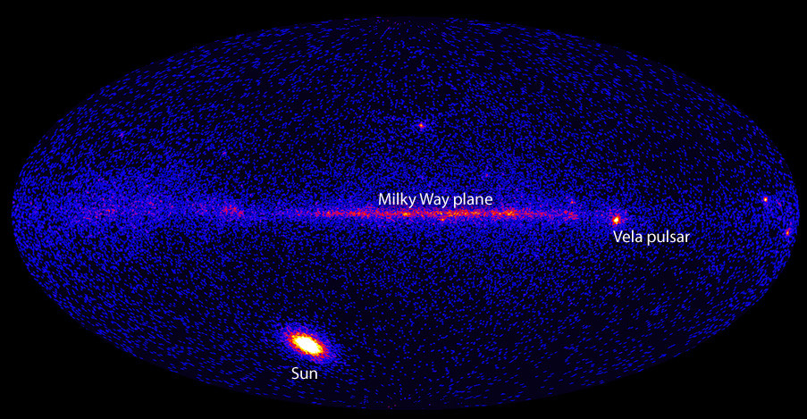 All-sky map in gamma rays. A bright spot at bottom left represents a powerful solar eruption.
