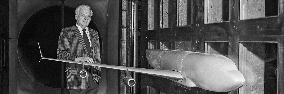 Richard T. Whitcomb in NASA Langley wind tunnel testing winglet technologies, 1975.