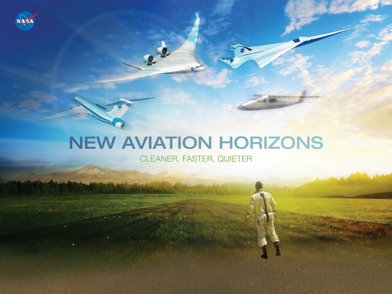 New Aviation Horizons. An artist concept of futuristic air vehicles and a ghostly image of pilot Bill Dana.