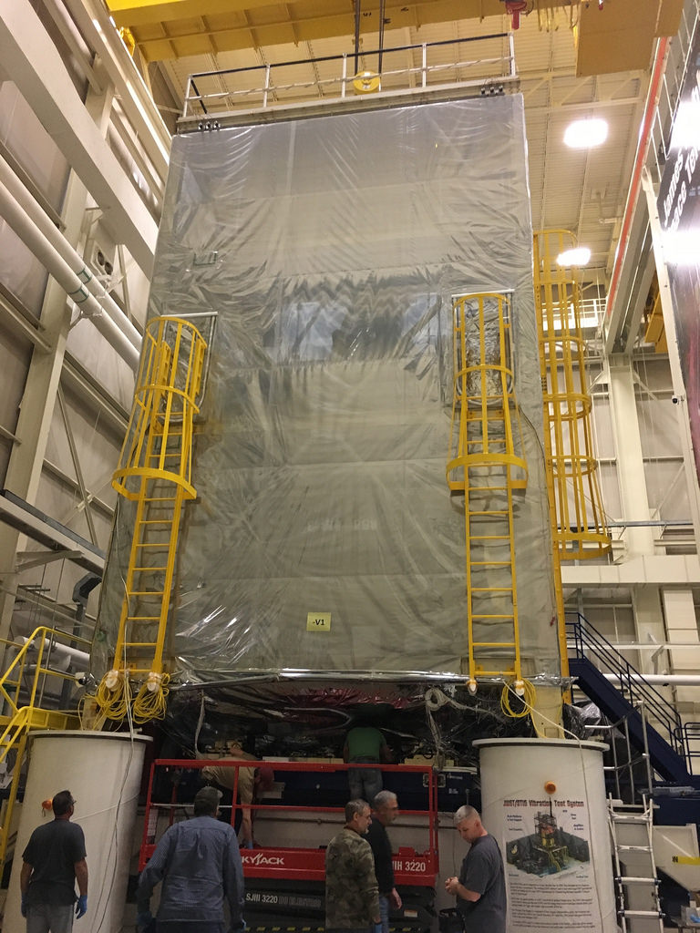 JWST sits in a clean tent before vibration testing at NASA Goddard