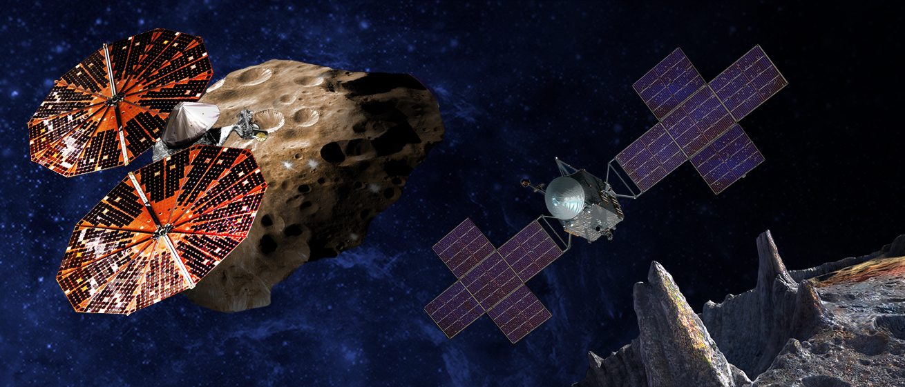 An artist’s conception of the Lucy and Psyche spacecraft