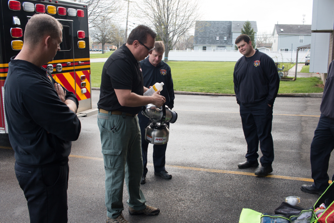 Thompson demonstrates AMBUstat™ to EMTs in Brookpark, OH.