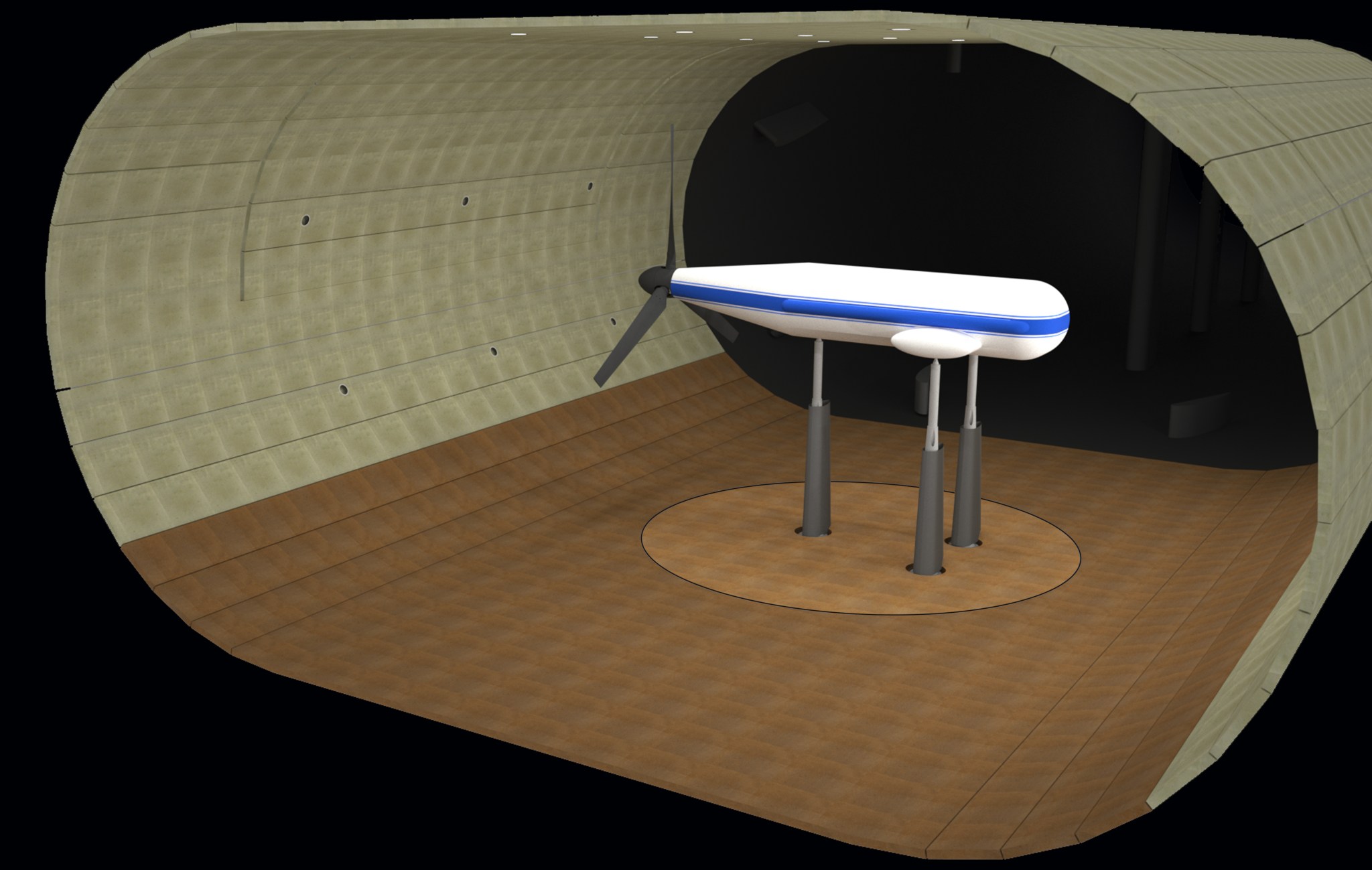 A computer rendered image showing the Tiltrotor Test Rig inside a wind tunnel.