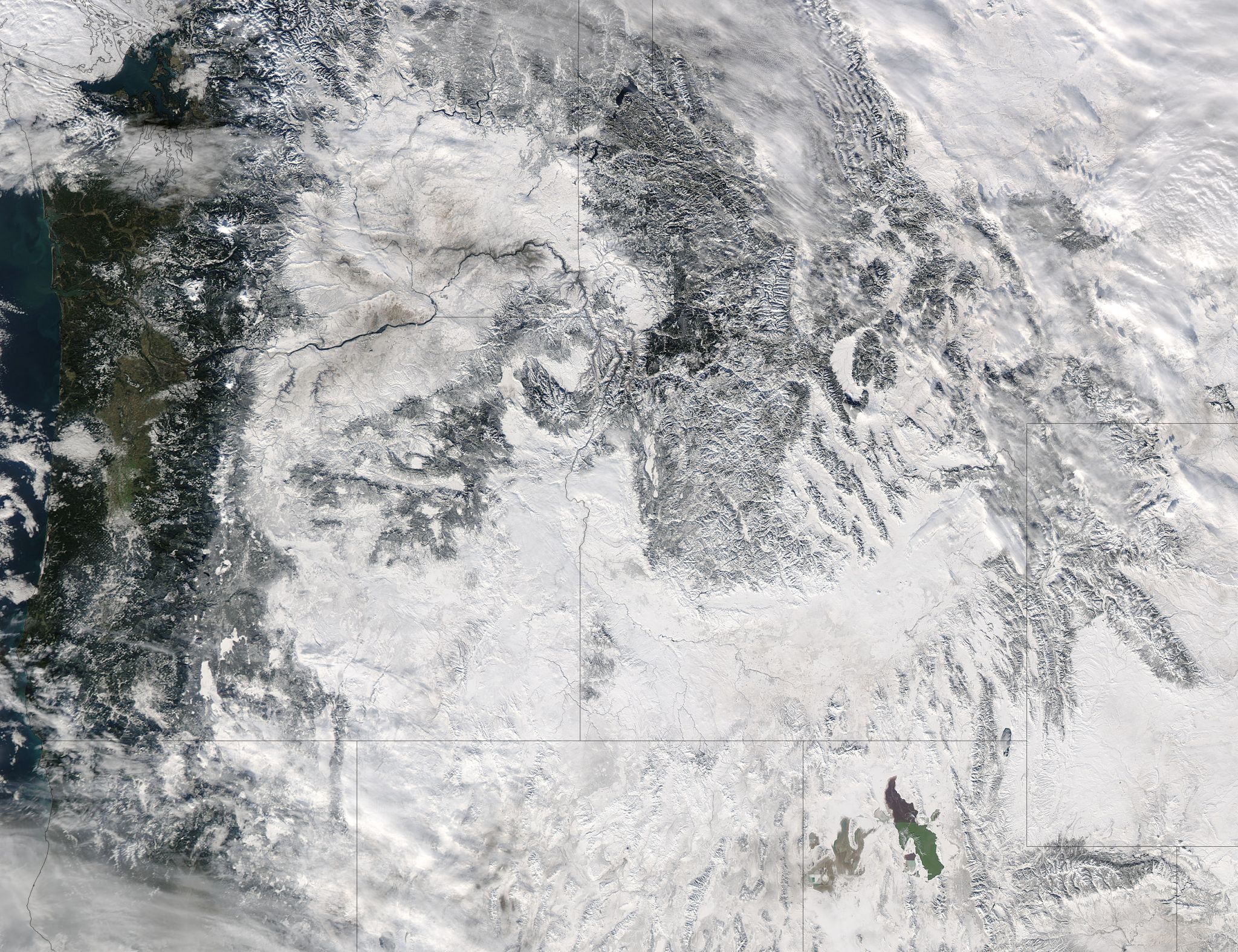 Aqua image of winter storm in the Pacific Northwest