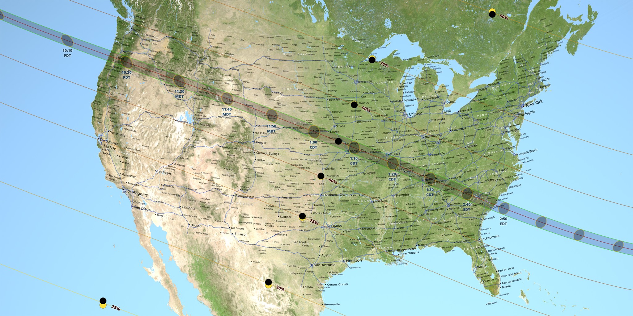 Map of US with shadow line northwest to southeast