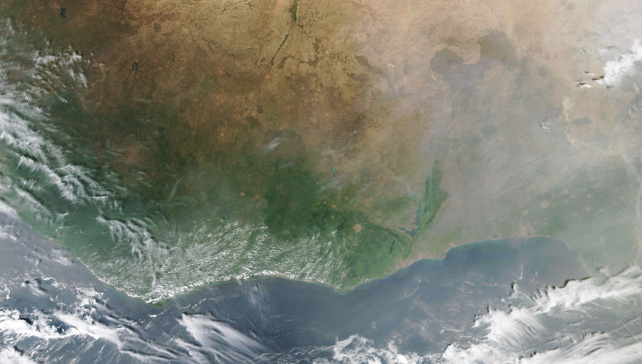 satellite view of west Africa with clouds and smoke
