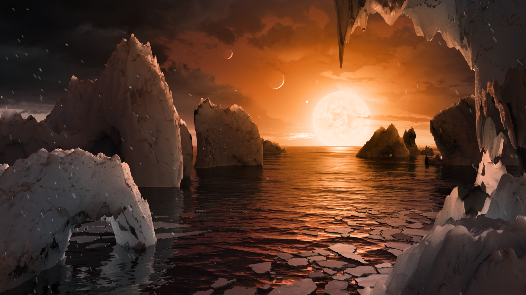This illustration shows the possible surface of TRAPPIST-1f, one of the newly discovered planets in the TRAPPIST-1 system.