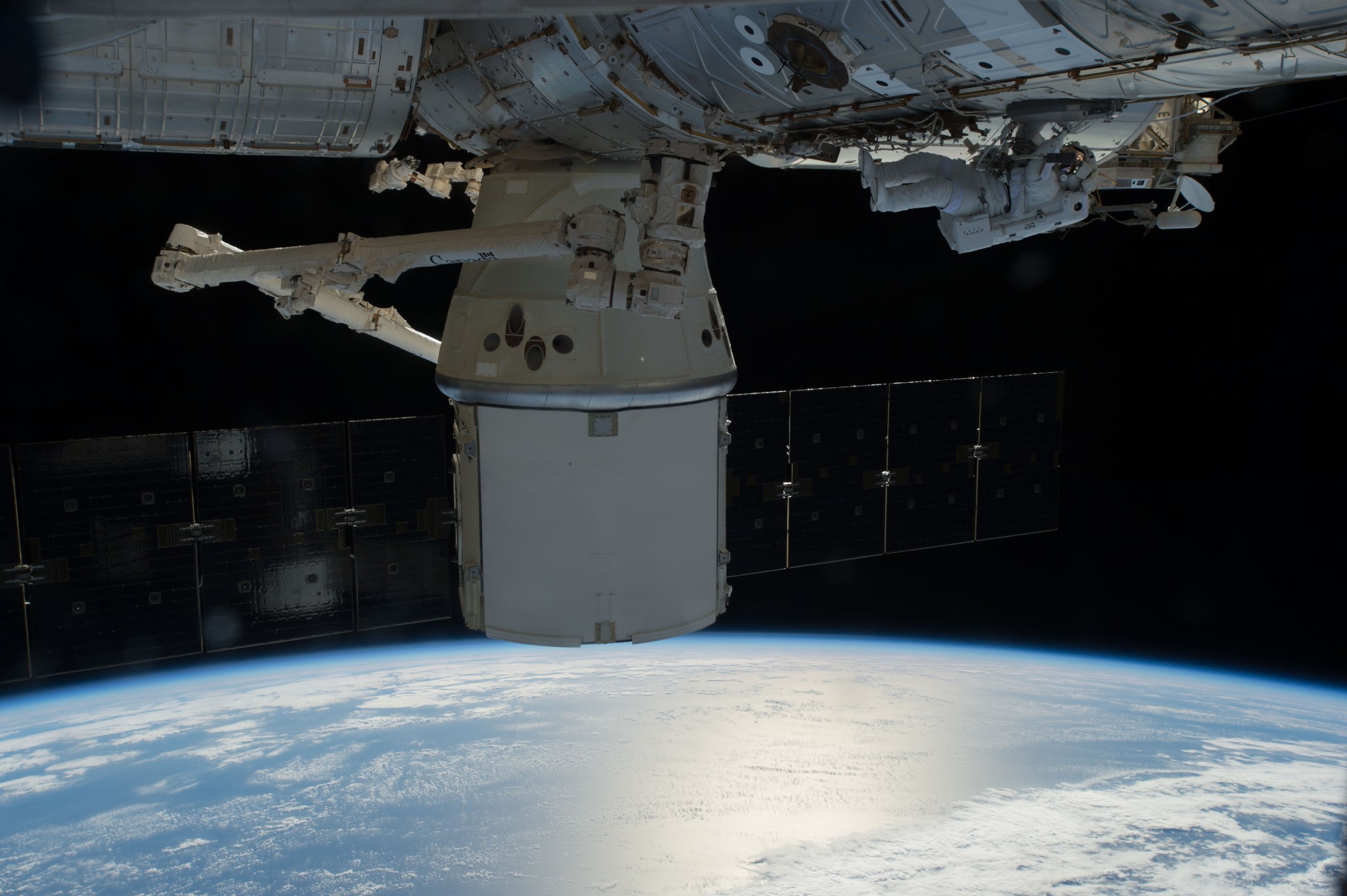 A SpaceX Dragon in place on the International Space Station