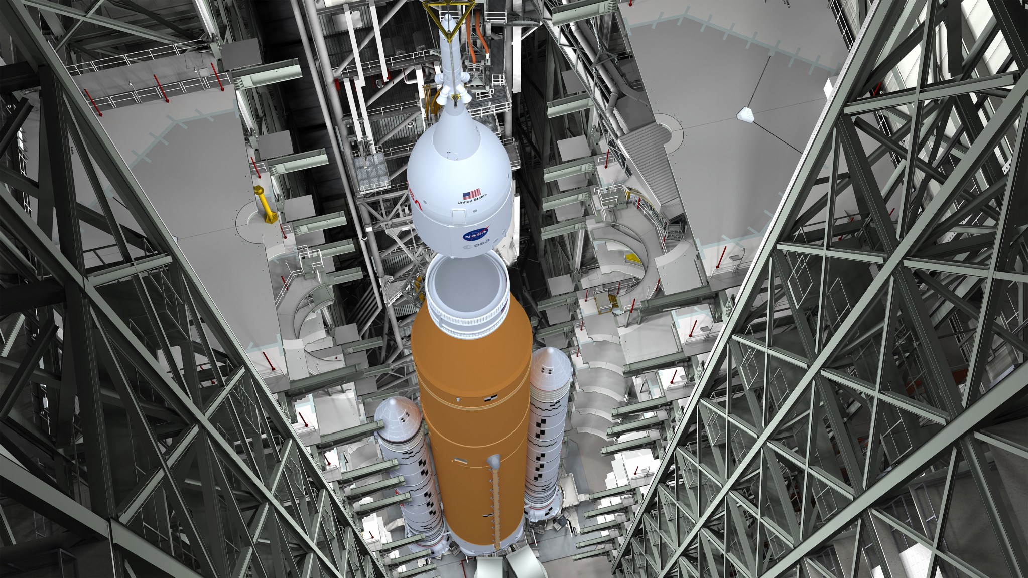 Artist concept of NASA's Space Launch System (SLS) in VAB