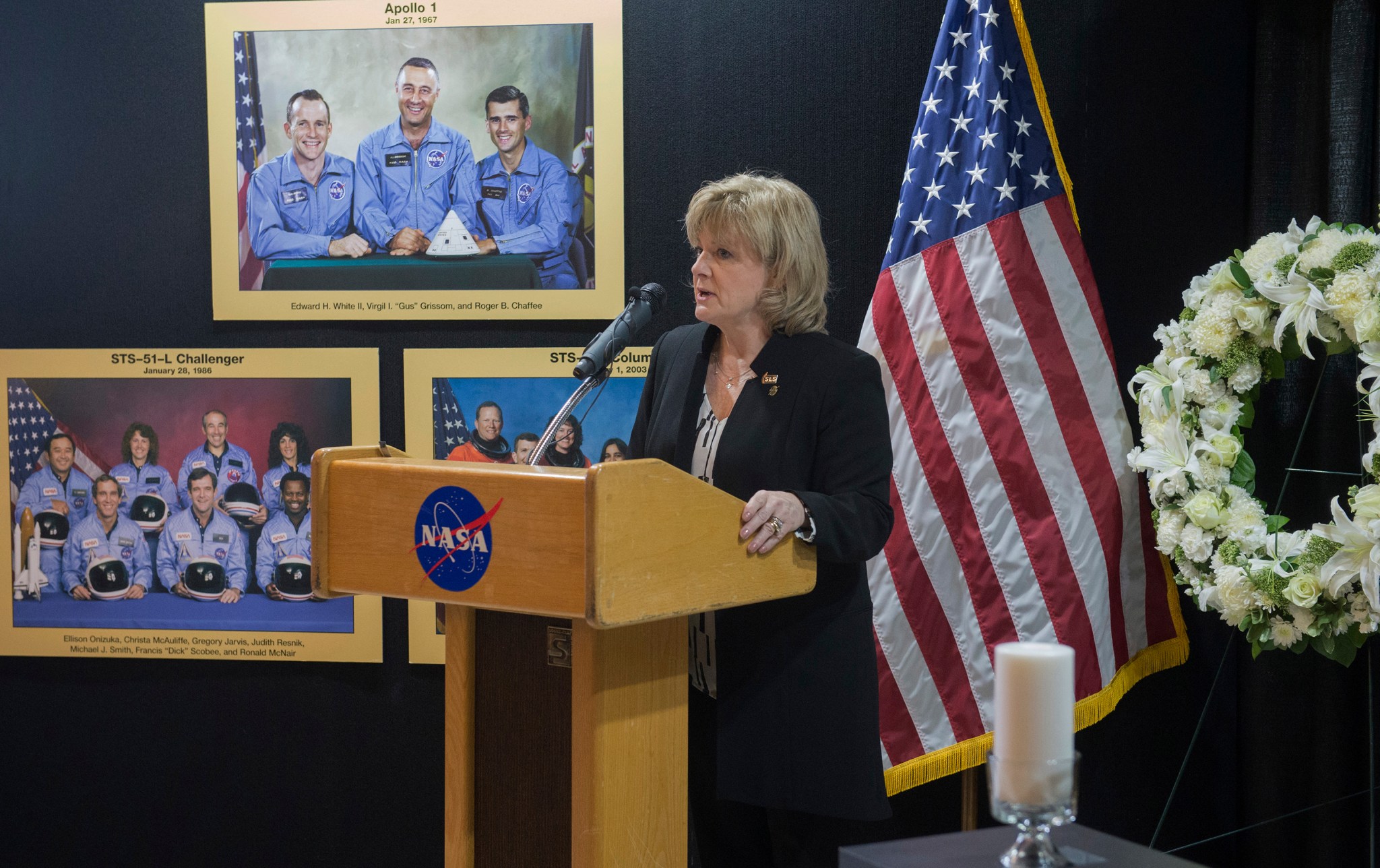 Jody Singer, deputy director of the Marshall Center, addresses Marshall team members during NASA's Day of Remembrance Jan. 31.