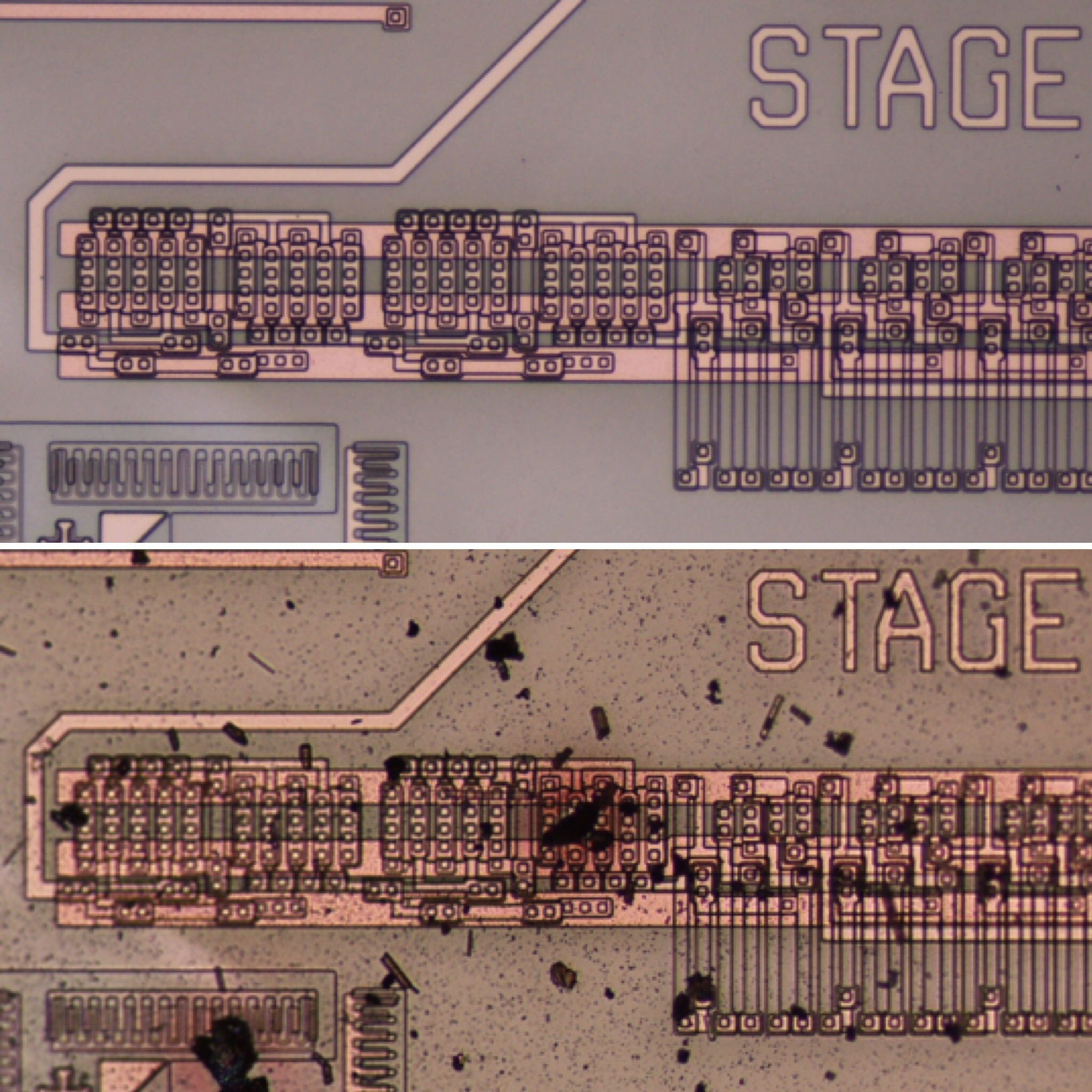 Images of integrated circuit before and after testing.