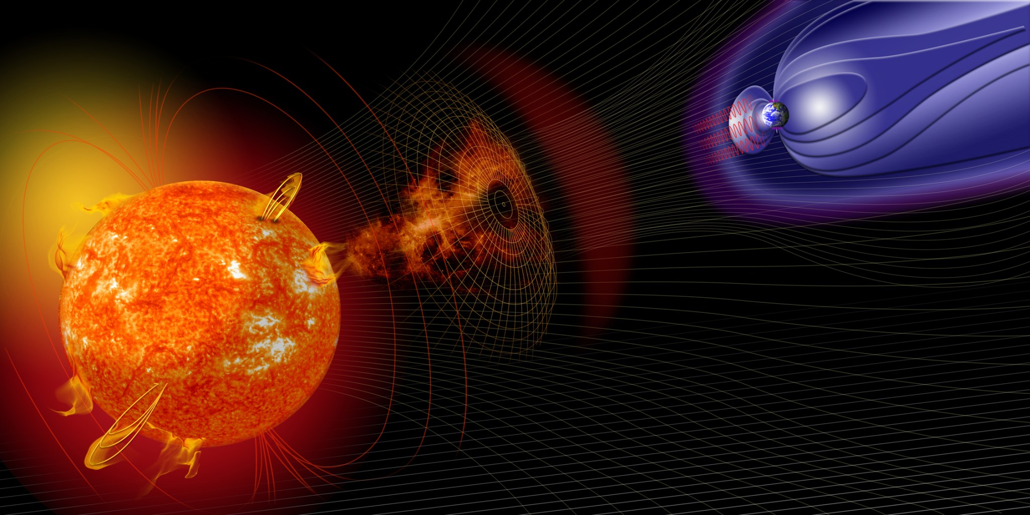 The artist’s illustration shows how events on the sun change the conditions in near-Earth space. 