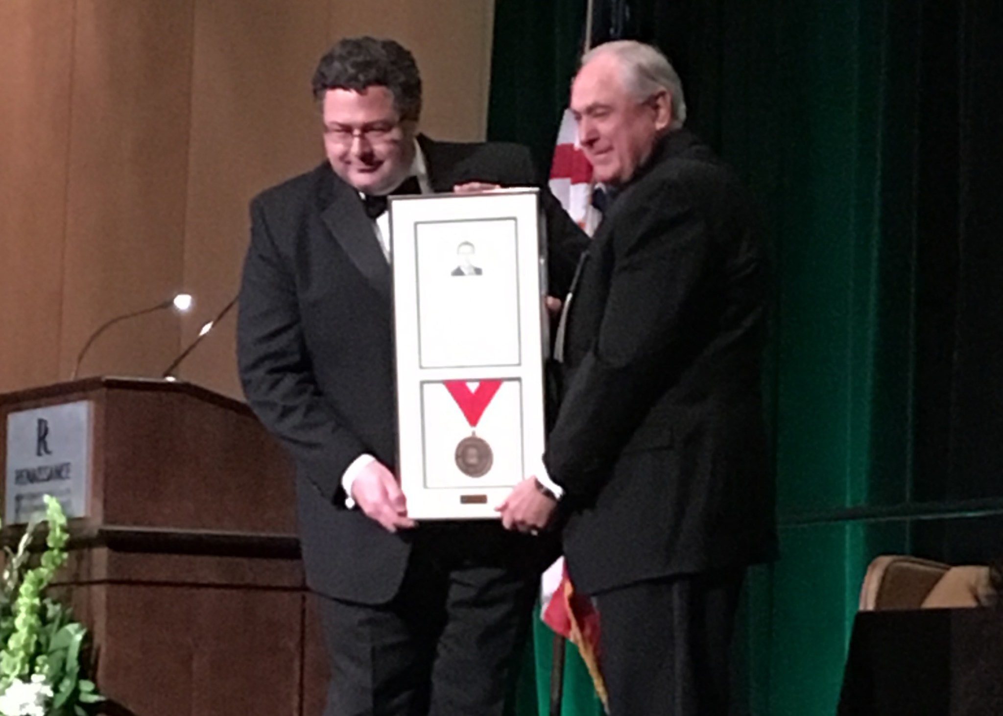 Todd May, left, director of NASA's Marshall Space Flight Center, is inducted Feb. 17 into the State of Alabama Engineering Hall.