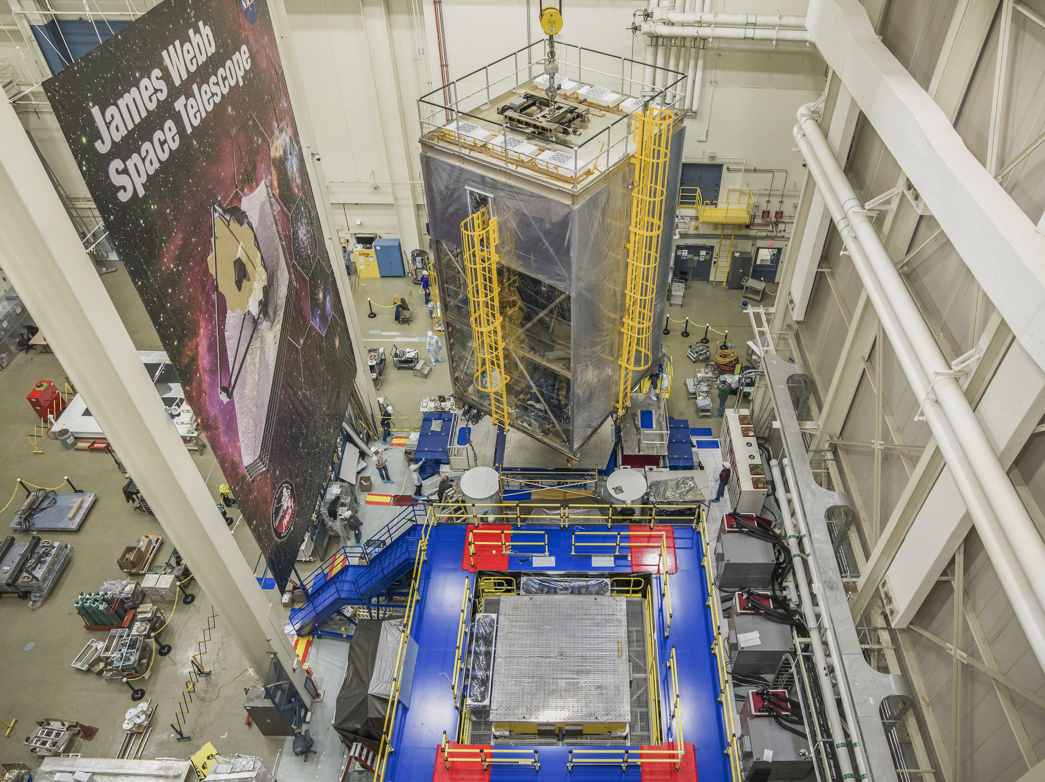 NASA engineers and technicians perform vibration testing on the James Webb Space Telescope.