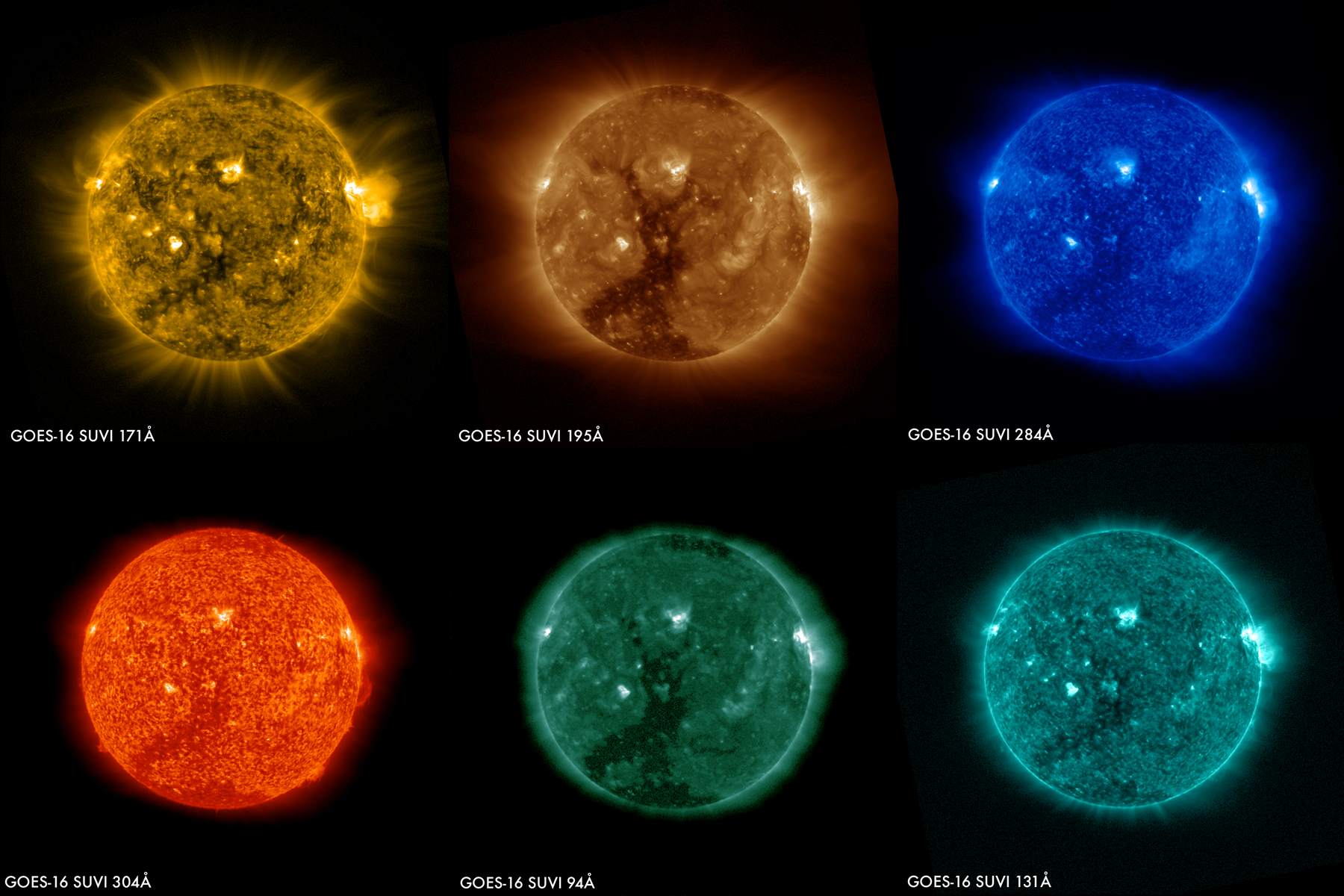 panel of six colored images of the sun