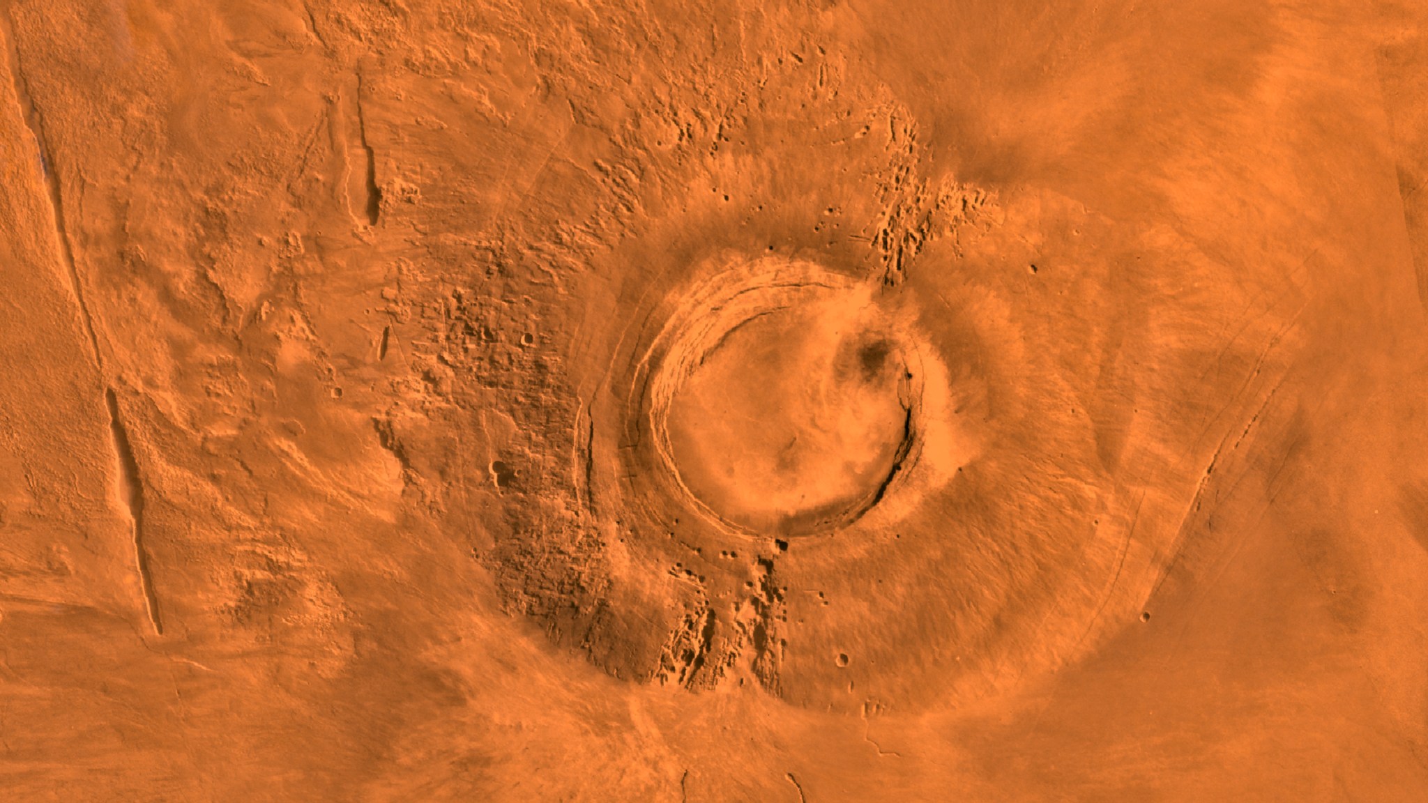 orange satellite image of mars volcano 