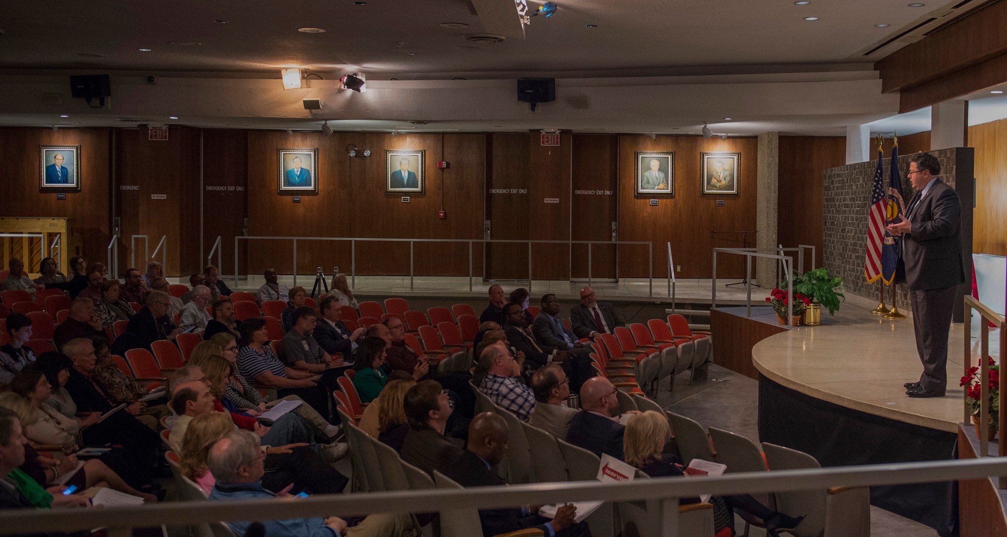Marshall Center Director Todd May answers questions during a March 20 all-hands on NASA's proposed fiscal year 2018 budget.