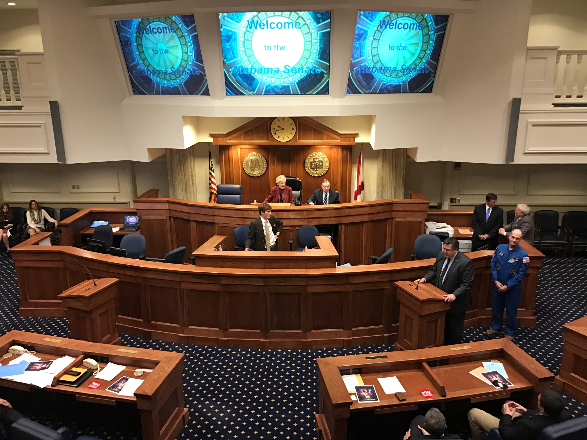 NASA Marshall Space Flight Center Director Todd May and NASA astronaut Don Pettit address members of the Alabama Senate March 2.