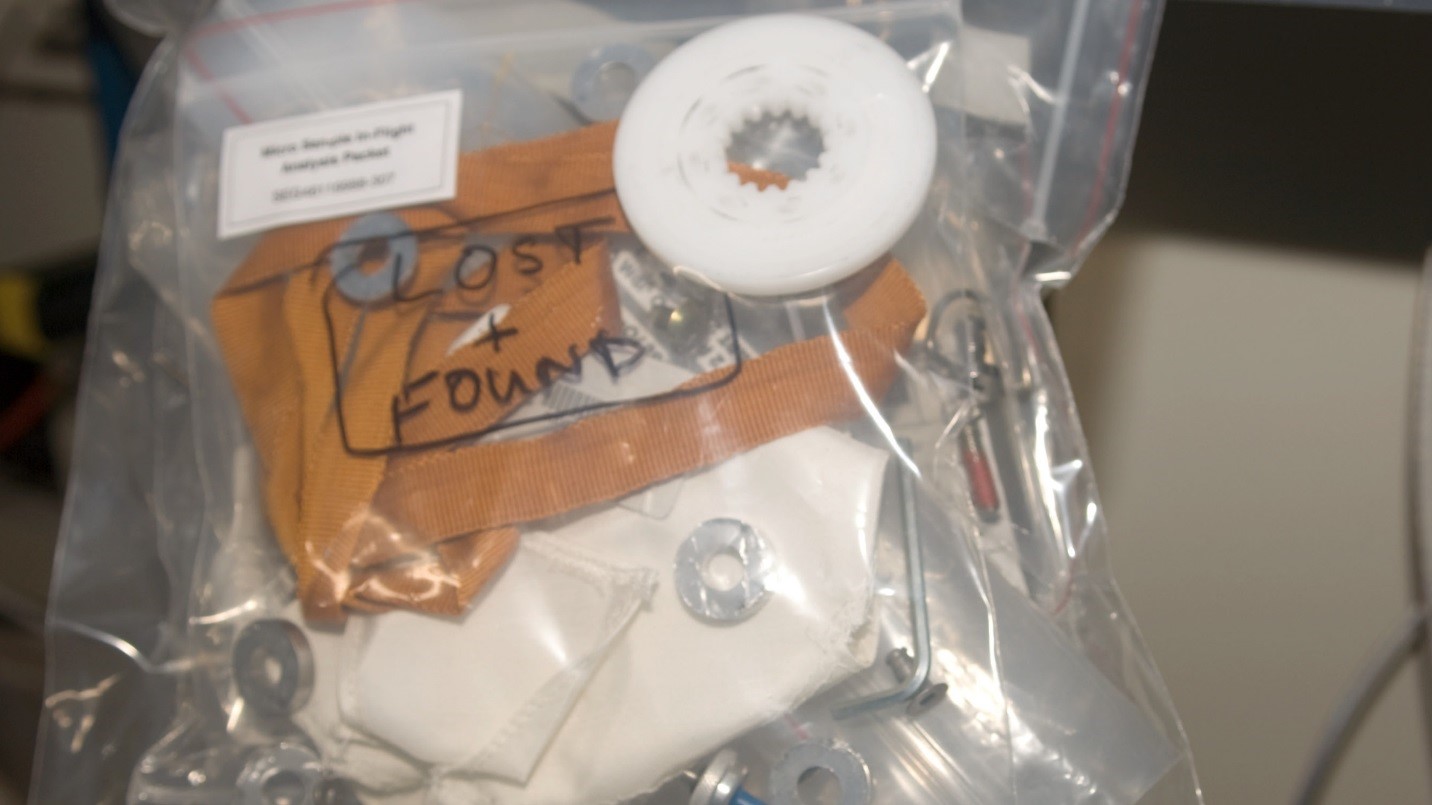 A lost and found bag of items on the International Space Station.