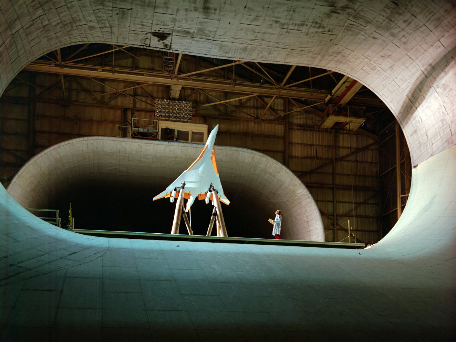 This is a photo of a supersonic Cruise Aircraft Research program model in wind tunnel testing.