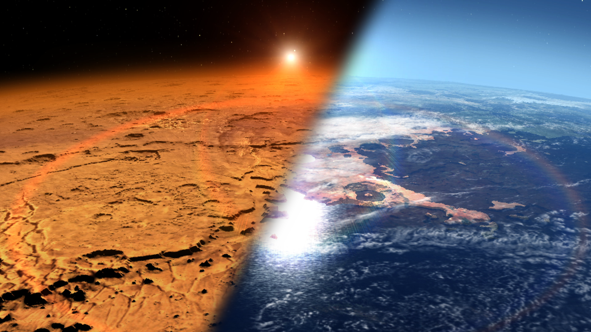 This artist’s concept depicts the early Martian environment and Mars as seen today.