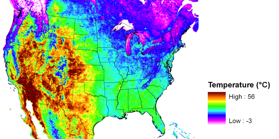 map of US with temperature data