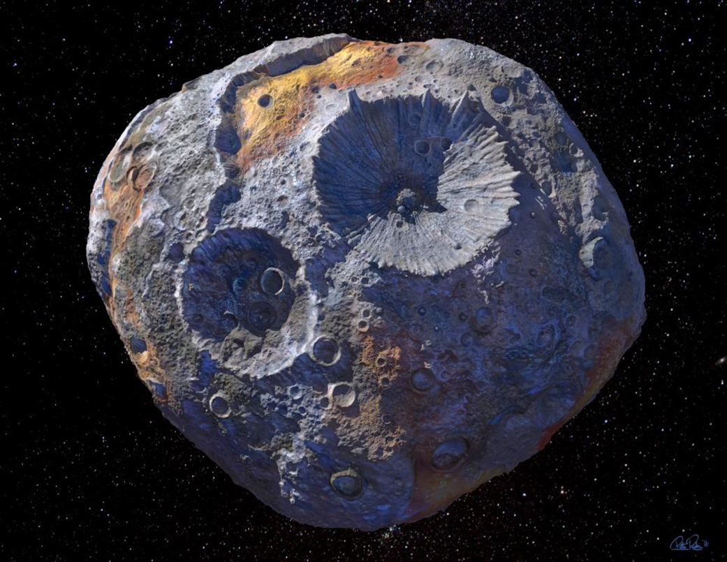 An artist’s rendering of (16) Psyche, the massive metal asteroid to be studied by NASA’s planned Psyche robotic mission.