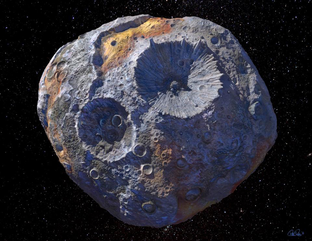 An artists rendering of (16) Psyche, the massive metal asteroid to be studied by NASAs planned Psyche robotic mission.