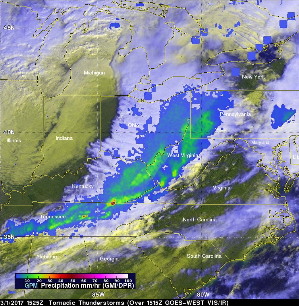 GPM rainfall image combined with GOES-West image of storm from March 01, 2017