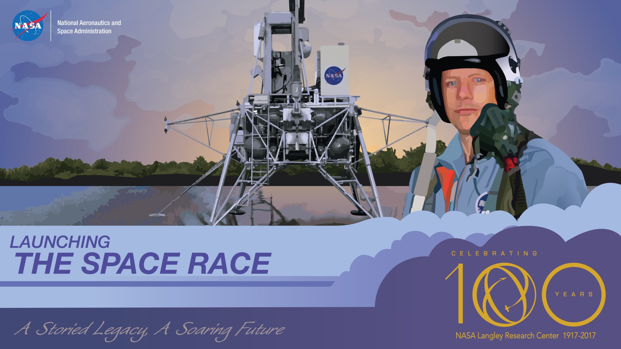 This is a vector graphic of Astronaut Neil Armstrong standing in front of a lunar lander. There is text in the image that reads "The Space Race" and "A Storied Legacy, A Soaring Future."