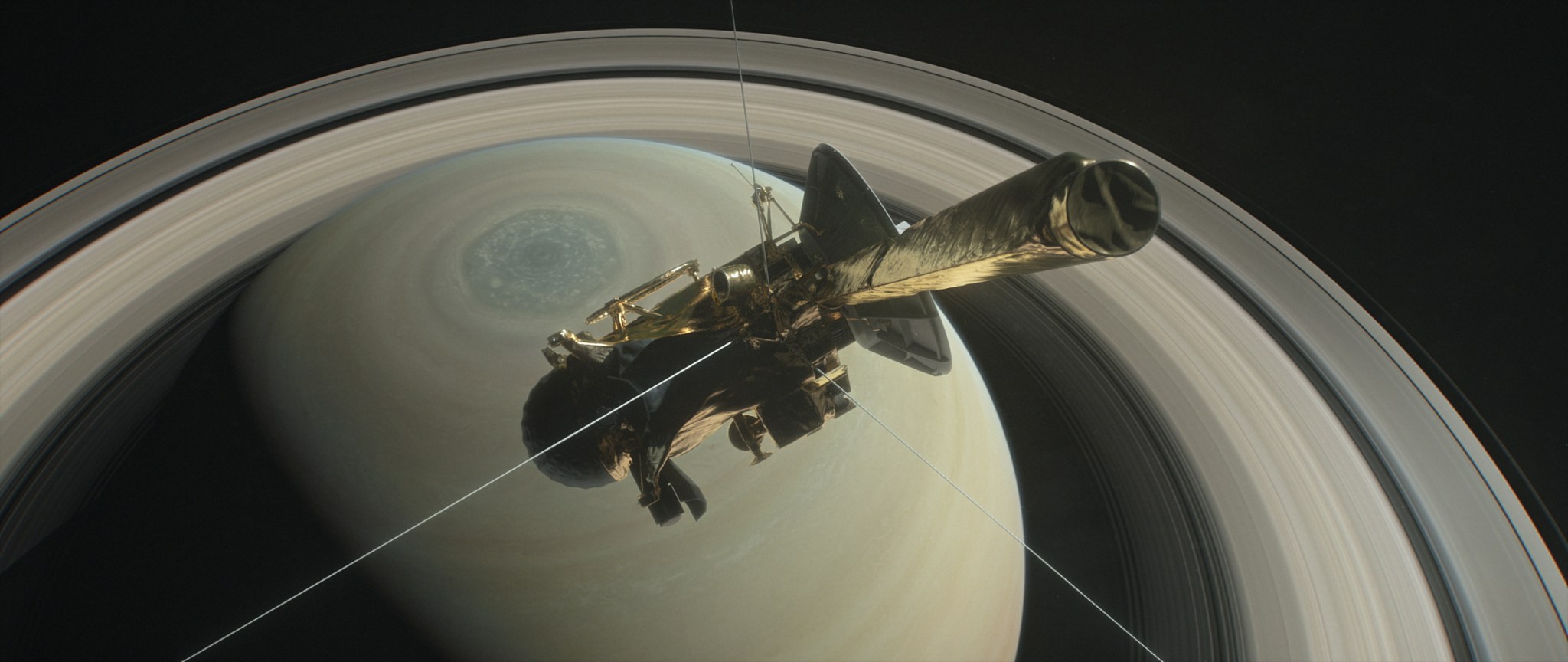 This illustration shows NASA’s Cassini spacecraft above Saturn's northern hemisphere prior to one of its 22 grand finale dives. 