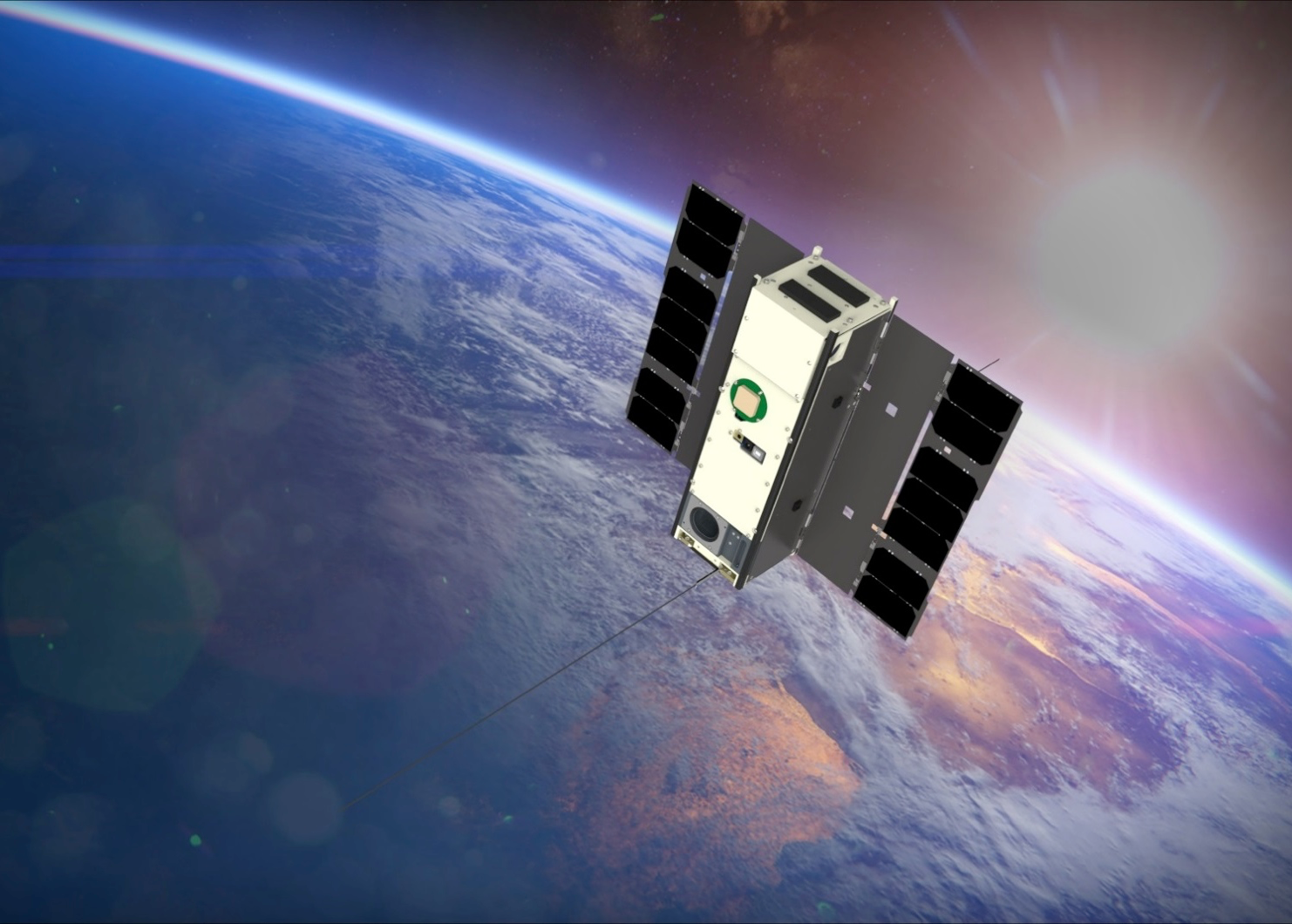 Illustration of the IceCube smallsat in small, with a view of Earth behind it.