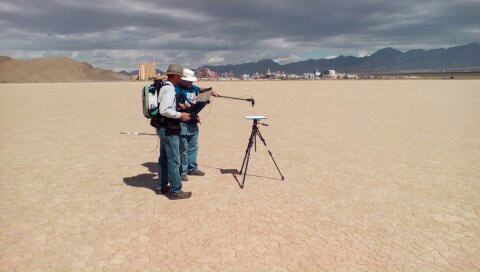 two men in a desert with instruments