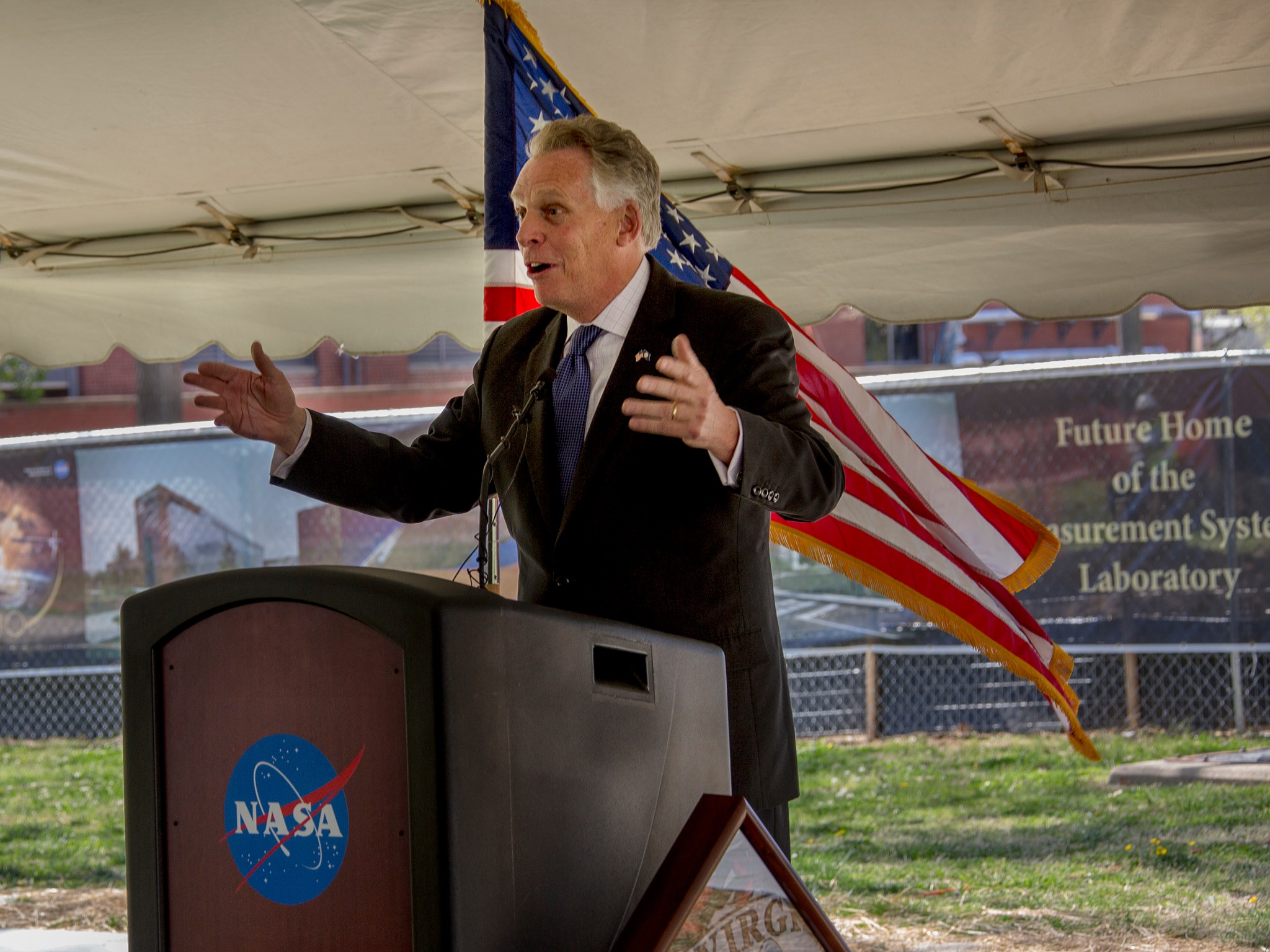 Virginia Governor Terry McAuliffe speaks at NASA Langley Research Center on April 11, 2017. 