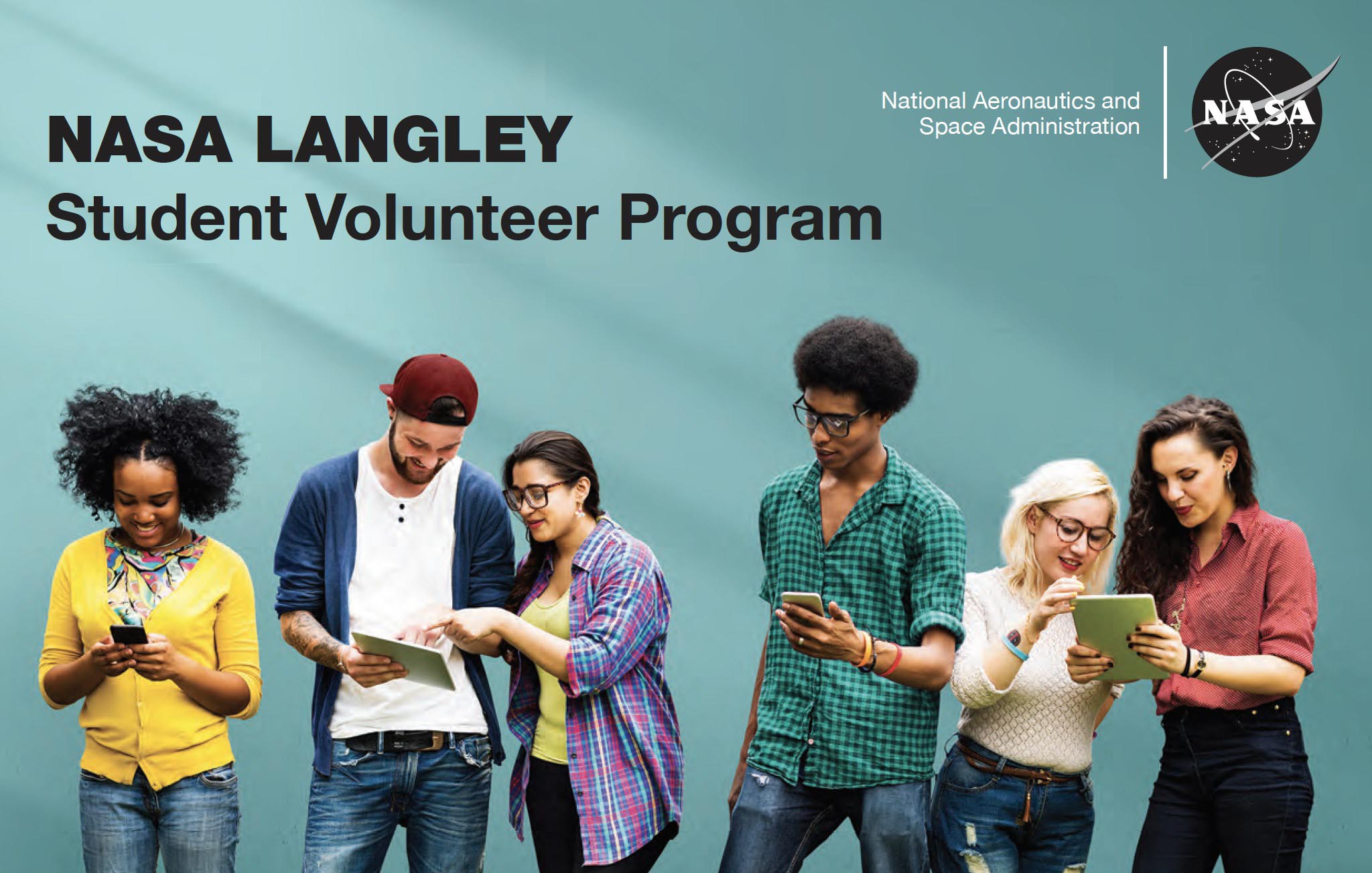 This is a flyer graphic for the Langley Student Volunteer Program. There are 6 students wearing casual clothes standing in a row. They are holding in their hands tablets and smartphones. The background of the graphic is a teal gradient.