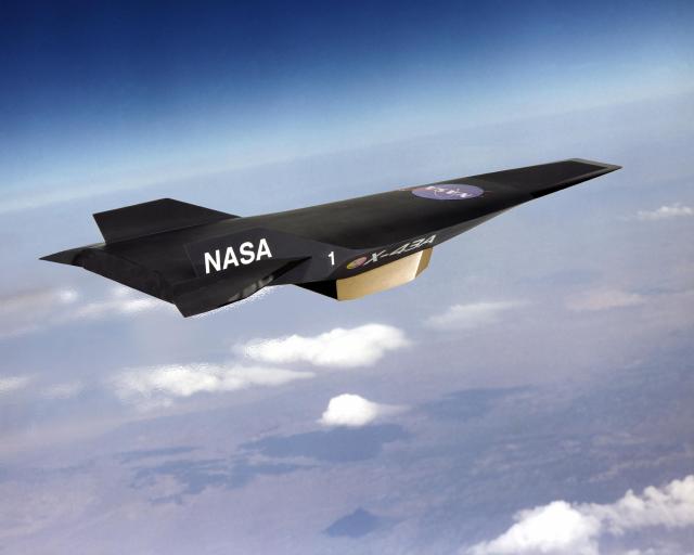 An artist's conception of the X-43A Hypersonic Experimental Vehicle in flight high above the clouds.