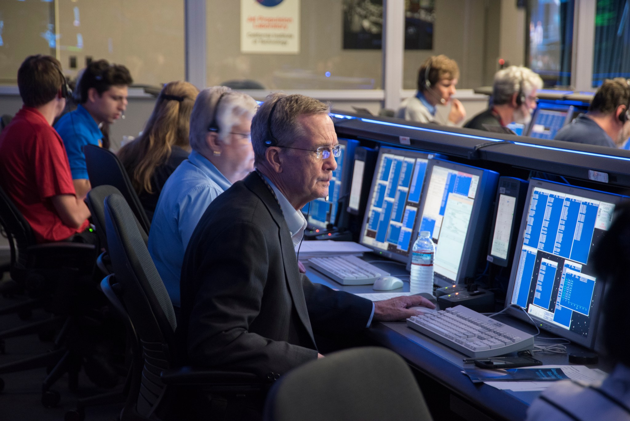 Cassini Project Manager Earl Maize waits for Cassini's signal with the spacecraft's operations team in mission control at JPL.