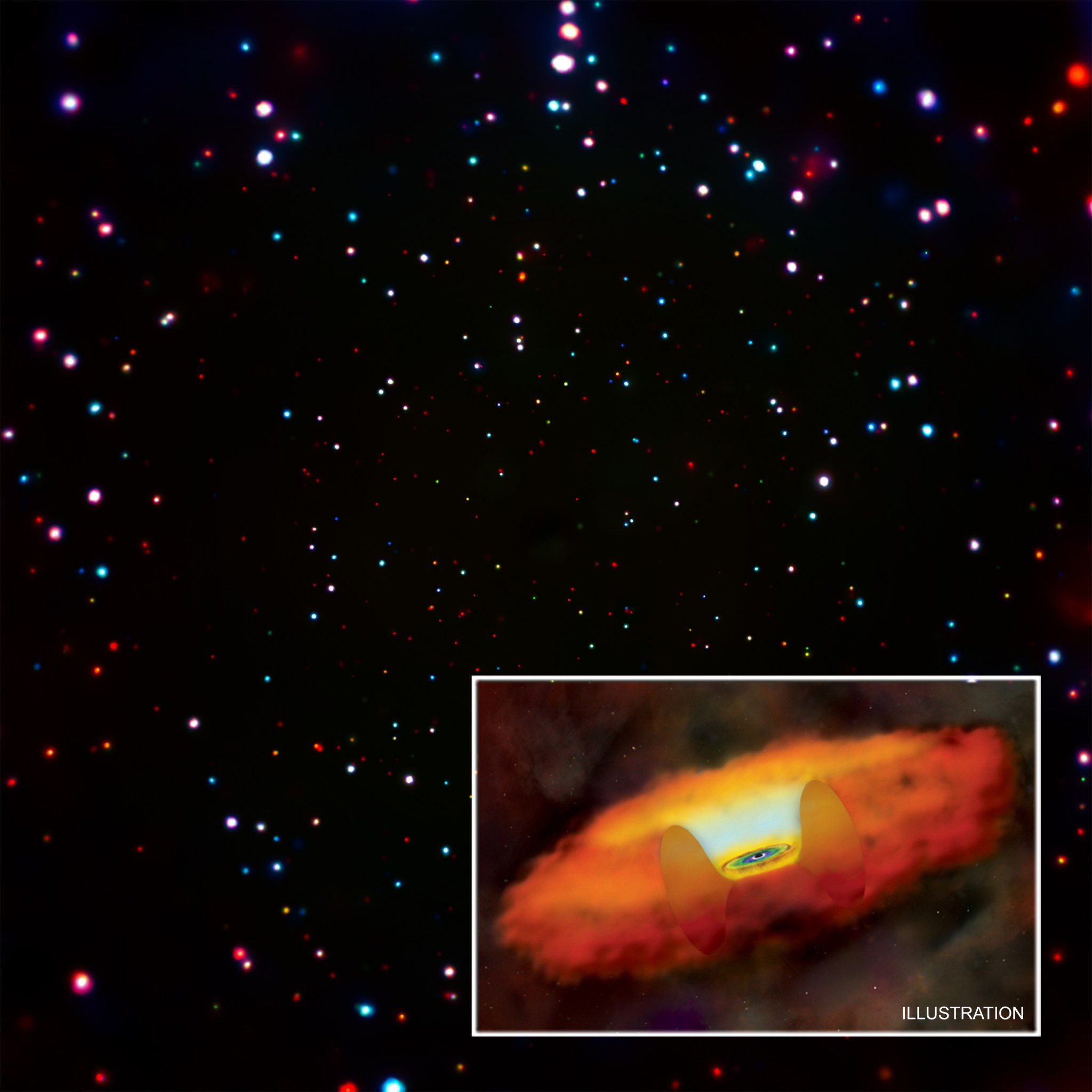 X-ray Image of Chandra Deep Field-South with Illustration of a Disk Around a Black Hole