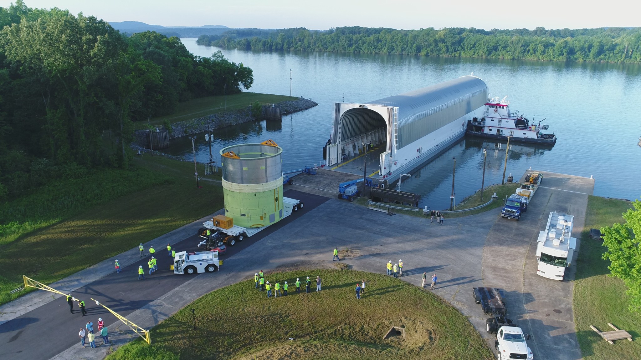 On May 17, 2017, the engine section structural test article for NASA's Space Launch System was moved from the barge Pegasus to a