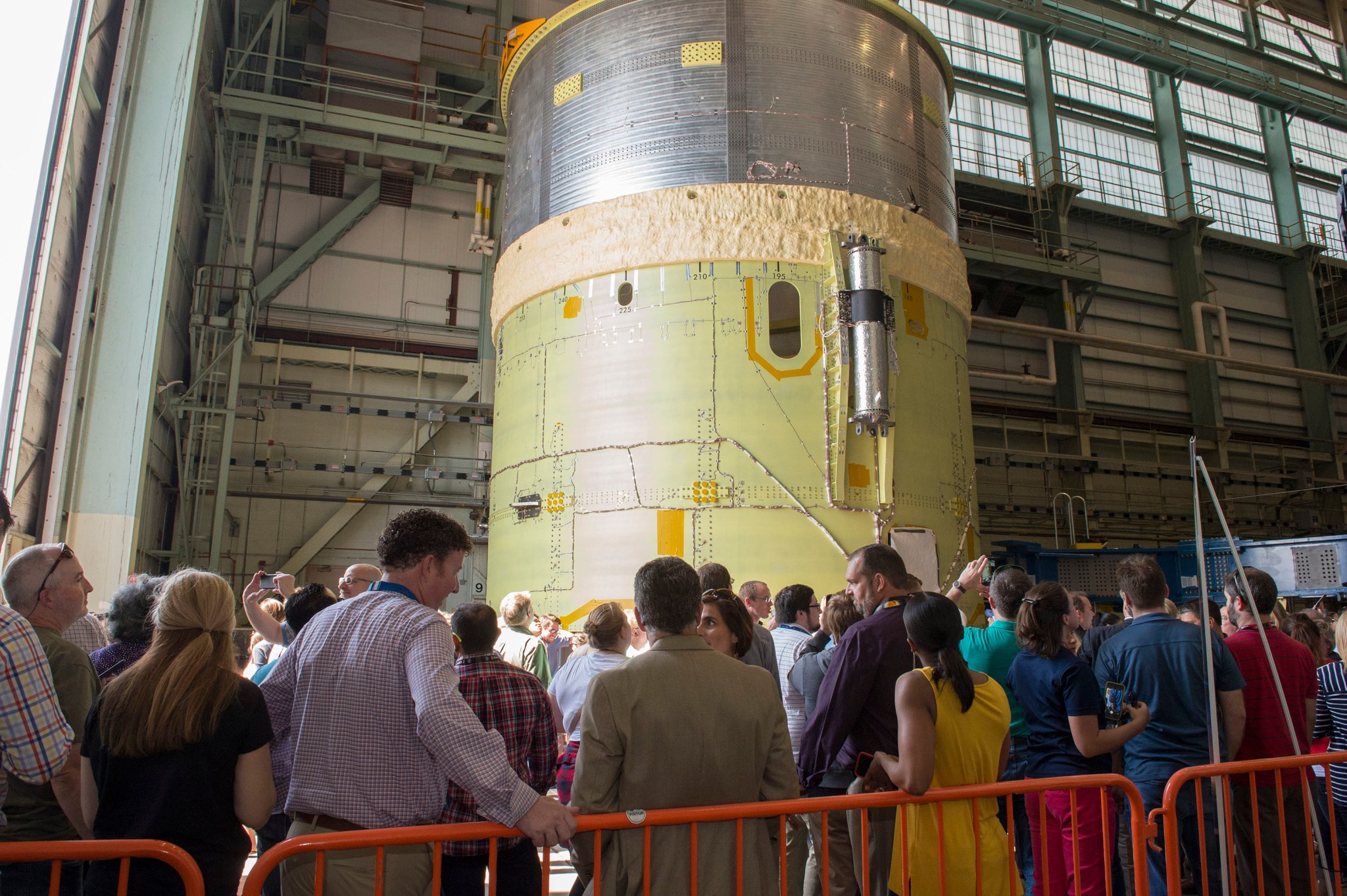 Team members get an up-close-and-personal view of the core stage engine section structural test article for Space Launch System 