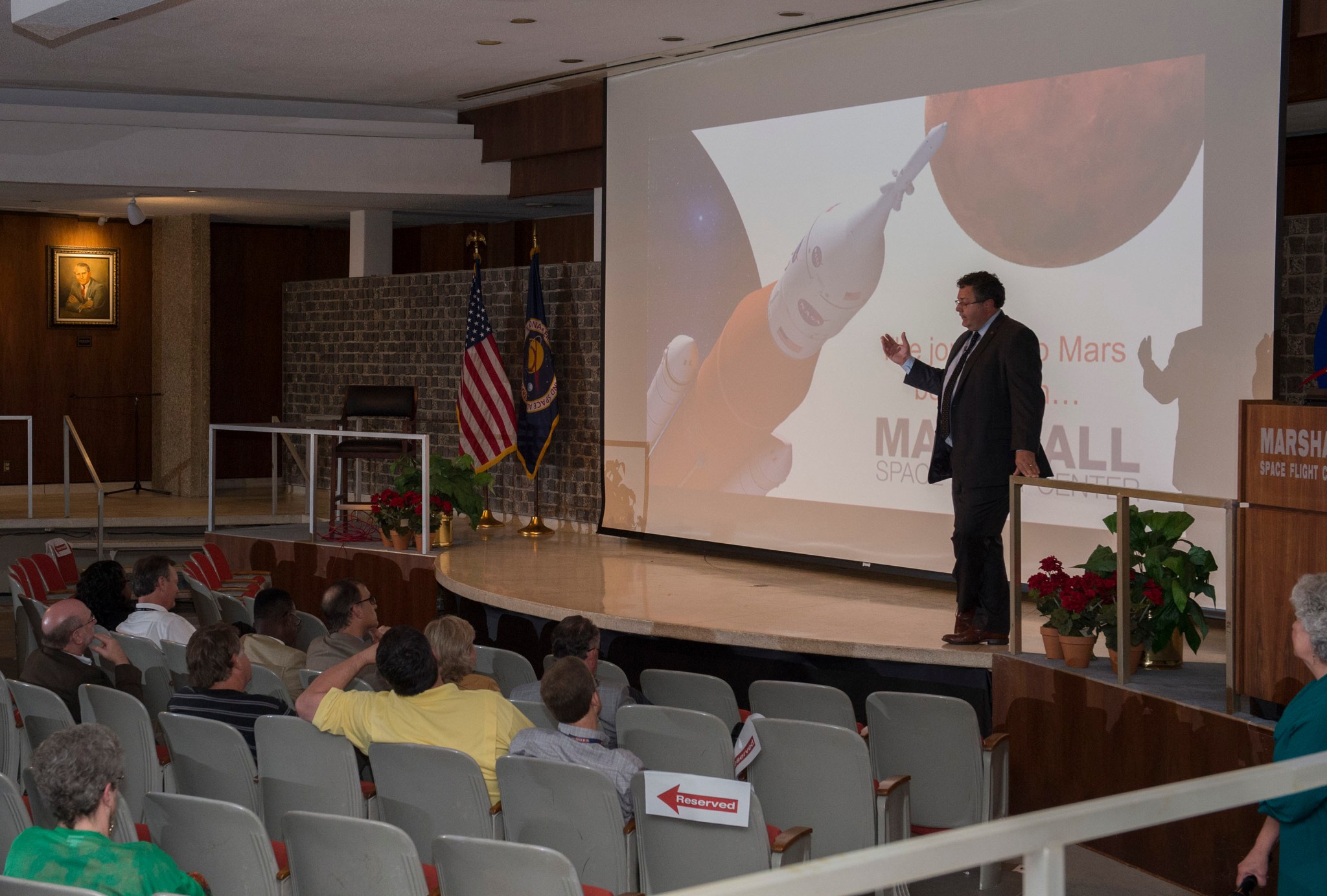 Director Todd May held an all-hands meeting with the Marshall workforce May 23 to discuss NASA's FY18 budget proposal.