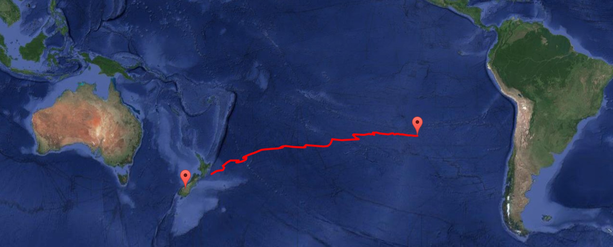 Google Map view showing Australia and South American, with a red line representing the balloon flight track across the Pacific Ocean.