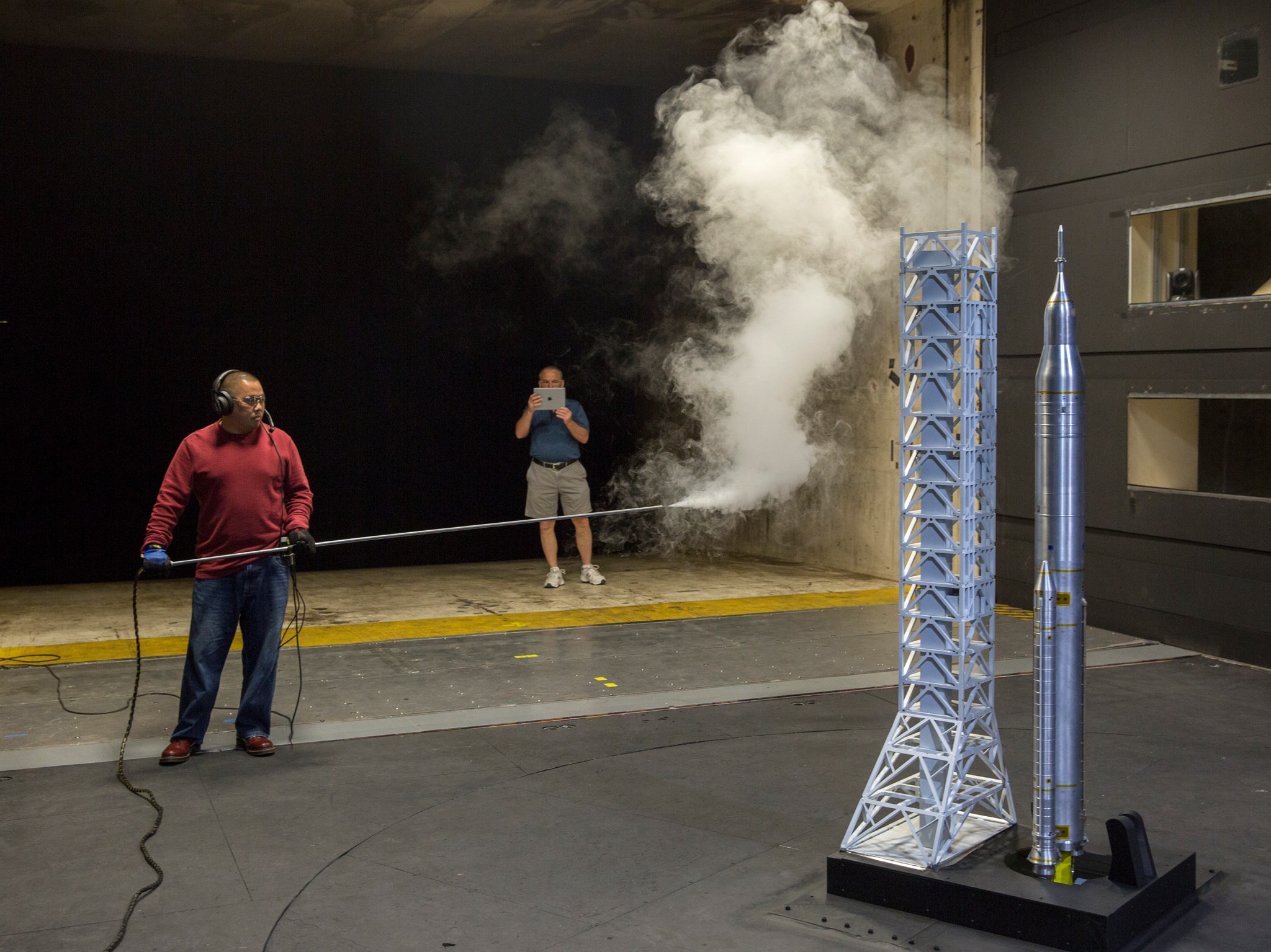 SLS model with launch tower in NASA Langley Research Center wind tunnel.