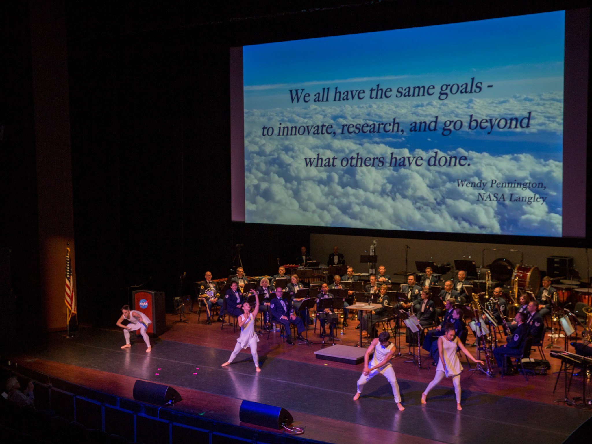 Dancers from Radford University perform an original dance at NASA Langley's Centennial Tribute event.