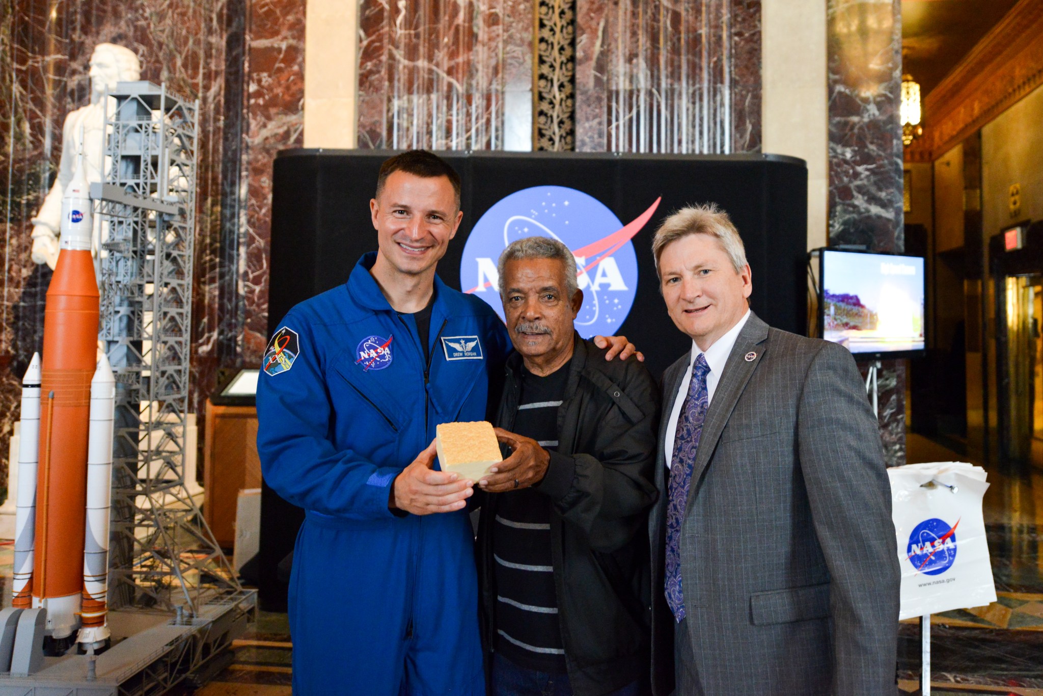 From left, NASA astronaut Drew Morgan, Roland Diaz a retired Michoud employee, and Johnny Stephenson.