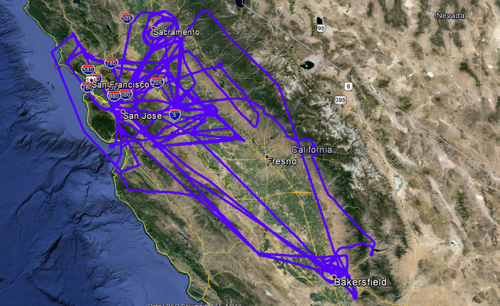 Map of AJAX flights (blue) within the San Joaquin Valley.